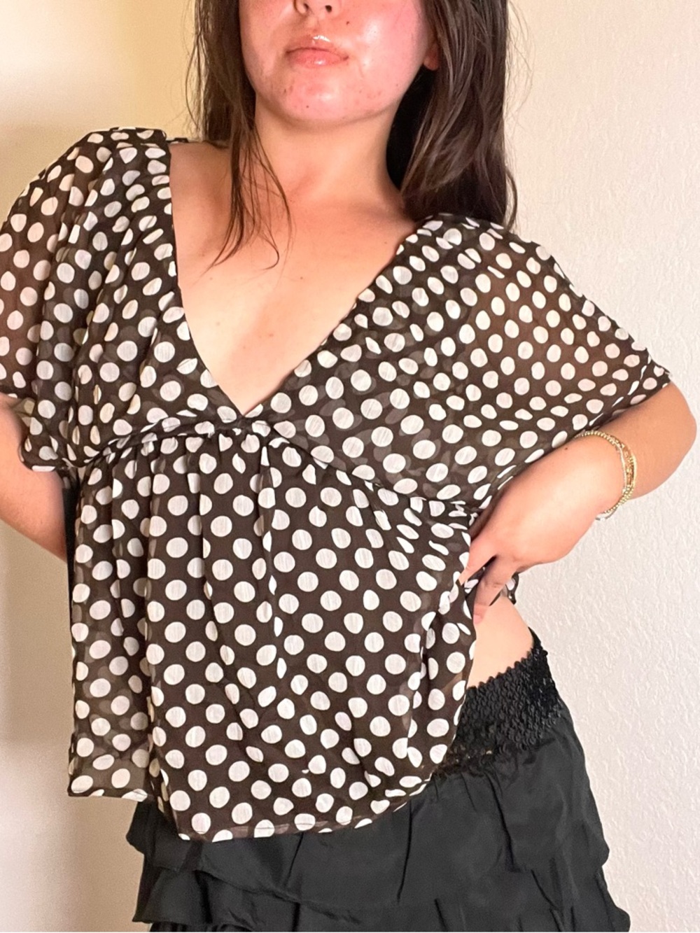 Brown and white polka dot blouse from House of Harlow 1960 x Revolve